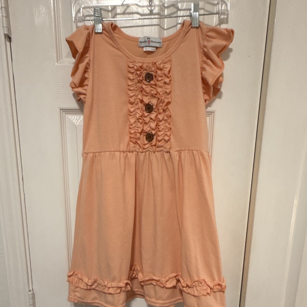 Adorable Sweetness Girls 8 A-Line Peach Knit Knee Flutter Ruffle Button Dress